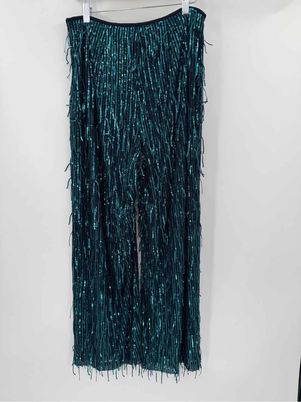 Anthropologie Maeve Fringed Sequin Wide Leg Pants Green 10 Holiday Party - Picture 5 of 5